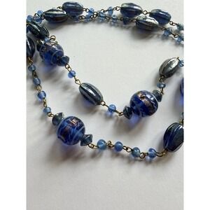 Vintage Venetian Glass Beaded Necklace Cobalt Blue W Gold Accents Boho 17"